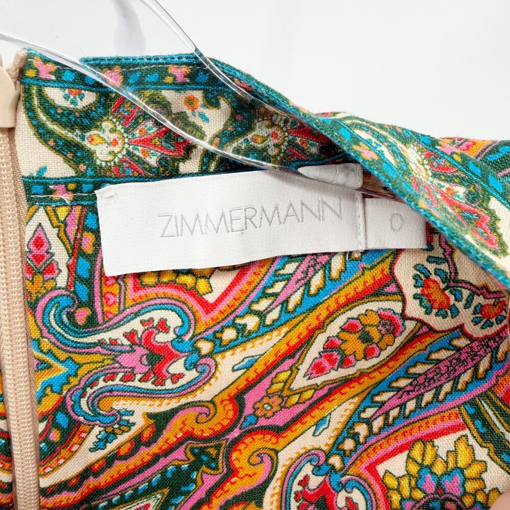 Zimmermann Ottie Plunge Mini Dress Multicolor Paisley Linen Floral Logo XS 0 - Picture 3 of 12